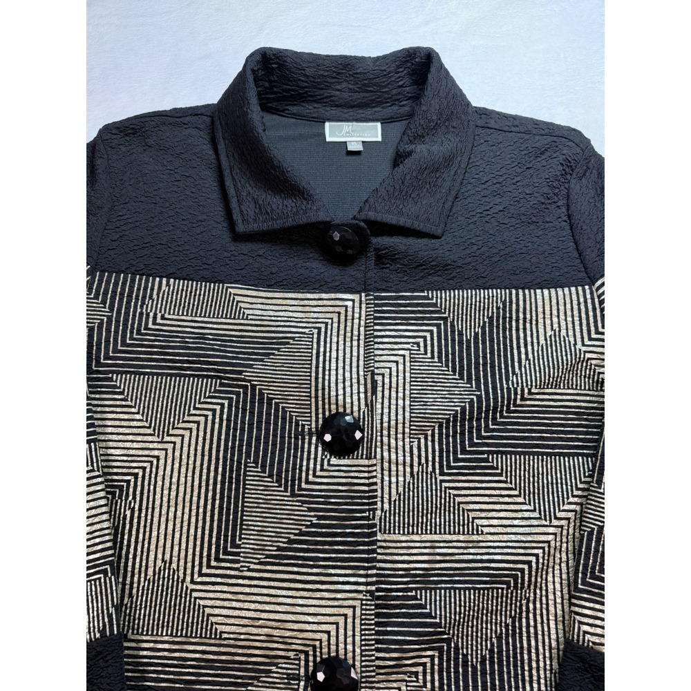 JM Collection Swing Jacket XL Black Gold Metallic Geometric Art Deco Button